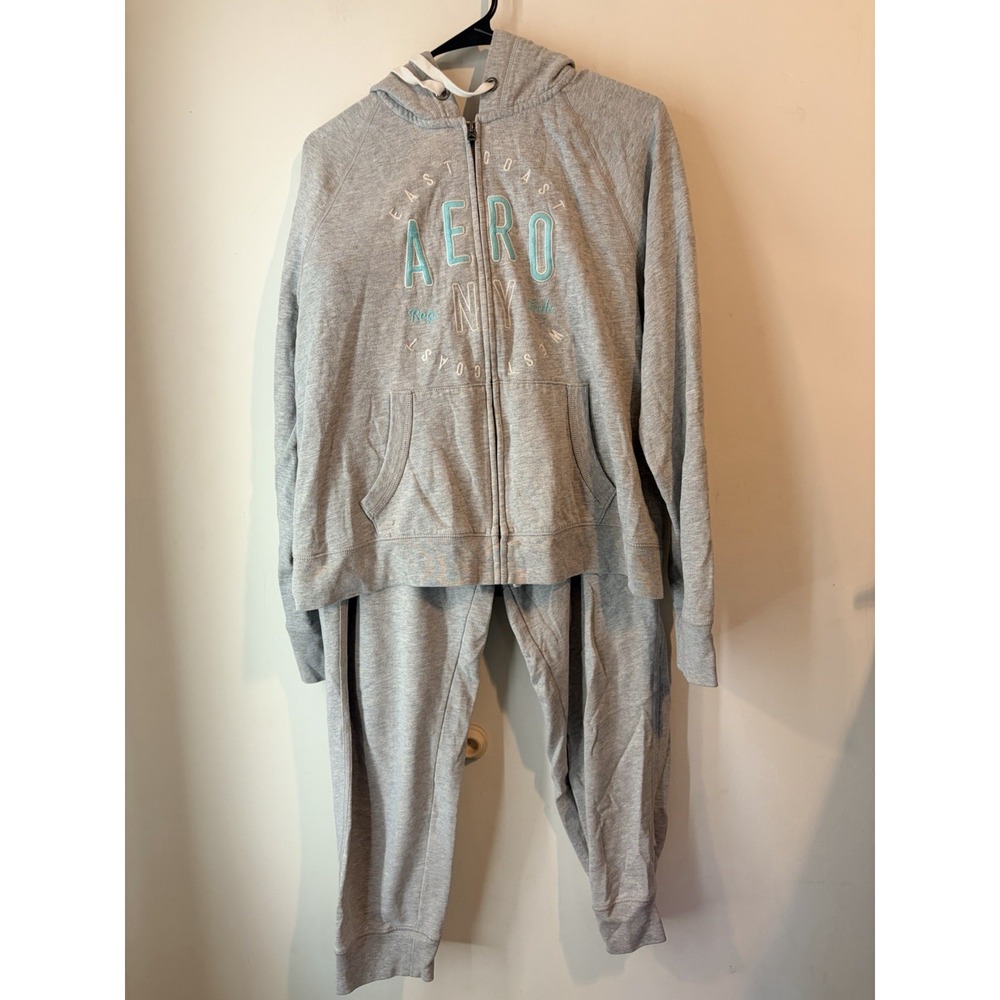 Vintage Y2K Aeropostale Sweatsuit Gray Spell Out Womans XL Full Zip Elastic Wais